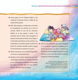 35
Segunda parte / Experiencias educativas exitosas que utilizan el juego como estrategia principal
n	 Laura juega con los bloques lógicos y las
maderitas Construye torres y habla de los
colores de las piezas.
n	 Elisa Talía prepara comida para una fiesta
de cumpleaños. Luz Karina va a servir la
comida. Marilí es una de las cocineras.
Marlita es la que ayuda a matar a los
animales para la fiesta. Fray transporta el
equipo musical para la fiesta. Jarry Diego es
el animador de la fiesta e invita a bailar a sus
compañeras. Esminther ayuda a repartir los
platos de comida. Ronaldo ayuda a cargar
los instrumentos musicales en su carro.
n	 Geyzer construye, con el material disponible,
una casa con varias divisiones.
n	 Marlita es una señora negociante que tiene
una bodega y atiende a sus clientes. Ronaldo
es un comerciante mayorista, vende papas
por sacos y se lleva bien con sus clientes.
Vende a 40 soles el saco de papas.
n	 Anel es una enfermera que pone ampollas
a sus pacientes. Segundo Aristóteles es un
doctor que purga a los niños. Comenta que
tienenquetomarremediosparaquenoestén
enfermos y que los niños tienen lombrices
porque no se lavan las manos.
Fuente: Cuaderno de campo de la PEC
Ibeth Cruz Huamán del Pronoei “Granitos
de Mostaza” del caserío de Nuevo
Huancabamaba, San José de Sisa, provincia
de El Dorado, departamento de San Martín.
 