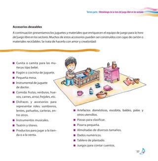 Tercera parte / Metodología de la hora del juego libre en los sectores
57
Accesorios deseables
A continuación presentamos los juguetes y materiales que enriquecen el equipo de juego para la hora
del juego libre en los sectores.Muchos de estos accesorios pueden ser construidos con cajas de cartón o
materiales reciclables.Se trata de hacerlo con amor y creatividad:
n	 Cunita o camita para las mu-
ñecas tipo bebé.
n	 Fogón o cocinita de juguete.
n	 Pequeña mesa.
n	 Instrumental de juguete
	 de doctor.
n	 Comida: frutas, verduras, hue-
vos, carnes, arroz, frejoles, etc.
n	 Disfraces y accesorios para
representar roles: sombreros,
lentes, pañuelos, carteras, en-
tre otros.
n	 Instrumentos musicales.
n	 Teatrín y títeres.
n	 Productos para jugar a la tien-
da o a la venta.
n 	 Artefactos domésticos, escobita, baldes, palas y
otros utensilios.
n 	Piezas para clasificar.
n 	Pizarra pequeña.
n 	Almohadas de diversos tamaños.
n 	Dados numéricos.
n 	Tablero de plantado.
n 	Juegos para contar cuentos.
 