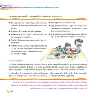 La hora del juego libre / Guía para educadores de servicios educativos para niños menores de 6 años
62
n	 Diversos carritos y vehículos, como camiones
con tolva, automóviles, avión, helicóptero, mo-
tos,etc.
n	 Animales de granja y animales salvajes.
n	 Muñequitos y personajes como soldados, in-
dios,vaqueros,entre otros.
n	 Familias de personajes: papá, mamá, niños, ni-
ñas,bebés.
n	 Platitos, ollitas, tacitas y otros implementos de
cocina.También un comedor en miniatura con
juguetes diferentes y más pequeños que
	 los del sector Hogar.
n	 Telitas pequeñas de 30 x 30 cm.
n	 Pequeños muebles de hogar para el uso de los
muñequitos disponibles: camitas, sillitas, mesi-
tas,roperito,entre otros.
n	 Unacasitademuñecashechadecartónodema-
dera es deseable y muy valorado por los niños.
Juegos tranquilos
Los llamados juegostranquilos son juegos de mesa que apoyan el desarrollo del pensamiento matemá-
tico y la comunicación de acuerdo al juego que se elija. Por otro lado, muchos de estos juegos tienen
reglas y aprender a seguirlas es muy importante,sobre todo en el caso de los niños de cinco años.
La educadora debe apoyar, al comienzo, a los niños en la comprensión de las reglas de los juegos ele-
gidos.Los niños pueden variar de juegos de mesa a lo largo de la hora de juego libre.
Los juguetes y materiales correspondientes a juegos en miniatura son:
Este sector debe contar con juegos como piezas para clasificar y seriar, tiras de tela de diferente largo,
tablero de plantado, juego de memoria, rompecabezas de 8 a 30 piezas, dominó de animales, juegos de
encaje, ensarte, bloques lógicos, juegos de desarrollo matemático, entre otros.
 