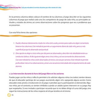 La hora del juego libre / Guía para educadores de servicios educativos para niños menores de 6 años
72
c.La intervención durante la hora del juego libre en los sectores
Puedes jugar con los niños si ellos lo permiten o lo solicitan: algunos niños (no todos) sienten deseos
de que el educador participe de sus juegos asumiendo algún rol o apoyando alguna acción. Como
educador estás presto a involucrarte en el juego si percibes que tu participación es bienvenida. Algu-
nos niños, por el contrario, se sienten inhibidos cuando un adulto quiere intervenir en su juego. Hay
que respetarlos. Si eres invitado a participar recuerda que tú no debes dirigir el curso del juego, sino
seguir las instrucciones de los niños respecto al rol que tendrás en el mismo.
1.	 Puedesobservardiariamenteatodoslosniñosdetuaulayanotarparacadaunoalgúncomentario
breveenlascolumnas.Estemétodotepermiteunseguimientodiariodecadaniño,peroesmás
superficialyaqueloobservadoserápuntual.
2.	 Otraopcióneselegiracinconiñospordíaparaserobservadosydescribirmásdetalladamentesus
conductaslúdicas.Aldíasiguienteeligesotroscinconiñosyasívasturnandolasobservaciones.
Conestemétodolosniñosseránobservadosalmenosunavezporsemana.Estemétodotepermite
profundizarmásentusobservacionesytenerunasecuenciaintercaladadelcomportamientodecada
alumno.
En la primera columna debes colocar el nombre de tus alumnos y luego describir en las siguientes
columnas el juego que realizó cada uno; los compañeros de juego de cada niño, sus principales ac-
titudes y estados de ánimo, así como observaciones sobre los progresos que ves o problemas que
se presentan.
Con esta ficha tienes dos opciones:
 