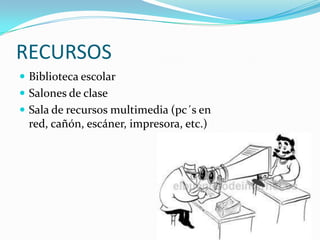 RECURSOS
 Biblioteca escolar
 Salones de clase
 Sala de recursos multimedia (pc´s en
 red, cañón, escáner, impresora, etc.)
 