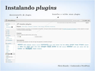 Instalando plugins
 Gerenciamento de plugins   Encontre e instale novos plugins




                                  Flávio Ricardo – Conhecendo o WordPress
 