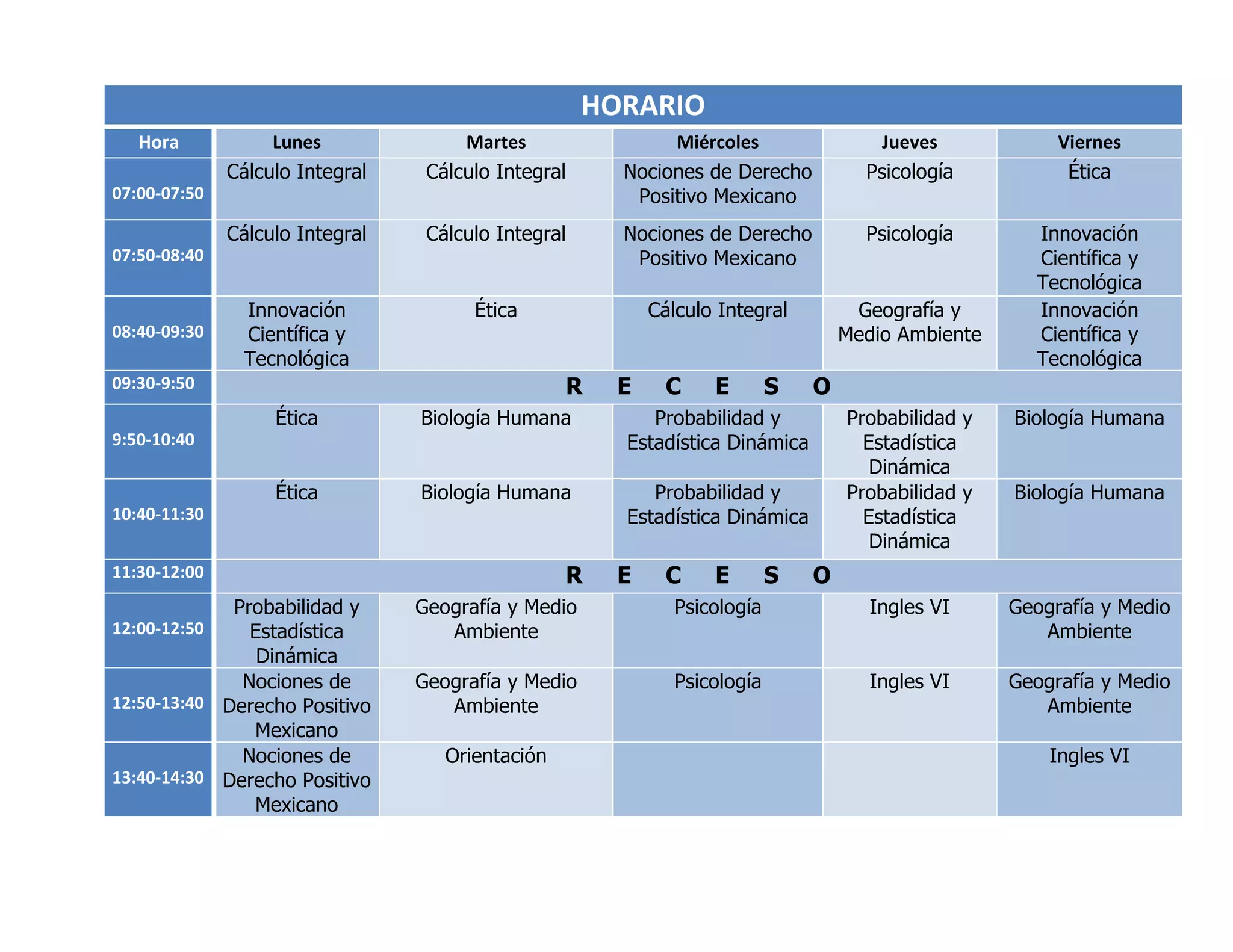 HORARIOHoraLunes Martes Miércoles Jueves Viernes07:00-07:50Cálculo IntegralCálculo IntegralNociones de Derecho Positivo MexicanoPsicologíaÉtica07:50-08:40Cálculo IntegralCálculo IntegralNociones de Derecho Positivo MexicanoPsicologíaInnovación Científica y Tecnológica08:40-09:30Innovación Científica y TecnológicaÉticaCálculo IntegralGeografía y Medio AmbienteInnovación Científica y Tecnológica09:30-9:50R E C E S O9:50-10:40ÉticaBiología HumanaProbabilidad y Estadística DinámicaProbabilidad y Estadística DinámicaBiología Humana10:40-11:30ÉticaBiología HumanaProbabilidad y Estadística DinámicaProbabilidad y Estadística DinámicaBiología Humana11:30-12:00R E C E S O12:00-12:50Probabilidad y Estadística DinámicaGeografía y Medio AmbientePsicologíaIngles VIGeografía y Medio Ambiente12:50-13:40Nociones de Derecho Positivo MexicanoGeografía y Medio AmbientePsicologíaIngles VIGeografía y Medio Ambiente13:40-14:30Nociones de Derecho Positivo MexicanoOrientaciónIngles VI<br />