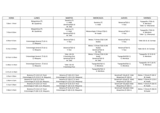 HORA LUNES MARTES MIERCOLES JUEVES VIERNES
7.00am -7.45am
Bioquímica (T)
M. Gutiérrez
Genetica (T)
E. Vidal
Genetica(P)(G-II)
M. Tello
Genetica (T)
E. Vidal
Botanica(T)(G-I)
Y. Ruiz
Topografía I (T)(G-II)
A. Mendoza
Taller I (J. Villanueva)
7:45am-8:30am
Bioquímica (T)
M. Gutiérrez
Genetica (T)
E. Vidal
Genetica(P)(G-II)
M. Tello
Meteorología Y Climat.(T)(G-I)
M. Asado
Botanica(T)(G-I)
Y. Ruiz
Topografía I (T)(G-II)
A. Mendoza
Taller I (J. Villanueva)
8:30am-9:15am Entomología General (T) (G-1)
D. Maquera
Botanica(T)(G-I)
Y. Ruiz
Meteo. Y Climat.(T)(G-I) (M.
Asado)
Botanica(T)(G-II)
Y. Ruiz
Taller I(G-II) (A. Cornejo
9:15am-10:00am
Entomología General (T) (G-1)
D. Maquera
Botanica(T)(G-II)
Y. Ruiz
Meteo. Y Climat.(T)(G-II) (M.
Asado)
Genetica(T)(G-II)
M. Tello
Botanica(T)(G-II)
Y. Ruiz
Taller I(G-II) (A. Cornejo
10:15am-11:00am
Entomología General (T) (G-2)
D. Maquera
Taller 1(G-III)
H.Santolaya Ruiz
Genetica(T)(G-II)
M. Tello
Meteo. Y Climat.(T)(G-II) (M.
Asado
Genetica(T)(G-II)
M. Tello
Topografía(P)(G-1)
A. Mendoza
Topografía I (P-2) (G-II)
A. Mendoza
11:00am-11:45am
Entomología General (T) (G-2)
D. Maquera
Taller 1(G-III)
H.Santolaya Ruiz
Topografía(T)(G-1)
A. Mendoza
Topografía(P)(G-1)
A. Mendoza
Topografía I (P-2 ) (G-II)
A. Mendoza
11:45 am-12:30pm
Topografía(T)(G-1)
A. Mendoza
2:45pm-3:30pm
Botanica (P-1) (G-1) (Y. Ruiz)
Entomología G.(P-2) (G-2) (D. Maquera)
Botanica (P-1)(G-2) (Y. Ruiz)
Entomología (P-1) (G-1) (D. Maquera)
Genetica(P-1)(Lab) (E. Vidal
Bioquímica (P-1)(G-2)
Meteo. Y Climat.(P-1)(G-I)
M. Asado
3:30pm-4:15pm
Botanica (P-1) (G-1) (Y. Ruiz)
Entomología (P-2) (G-2)D. Maquera
Botanica (P-1)(G-2) (Y. Ruiz)
Entomología (P-1) (G-1) (D. Maquera)
Genetica(P-1)(Lab) (E. Vidal)
Bioquímica (P-1)(G-2)
Meteo. Y Climat.(P-1) (G-I)
M. Asado
4:15pm-5:00pm
Botanica (P-2) (G-1) (Y. Ruiz)
Entomología (P-2)(G-1) (D. Maquera)
Botanica (P-2) (G-2) (Y. Ruiz)
Entomología (P-1)(G-2) (D. Maquera)
Genetica(P-2)(Lab)(E.Vidal)
Bioquímica (P-2)(G-1)
Meteo. Y Climat.(P-2)(G-II)
M. Asado
5:00pm-5:45pm
Botanica (P-2) (G-1) (Y. Ruiz)
Entomología (P-2)(G-1) (D. Maquera
Botanica (P-2) (G-2) (Y. Ruiz)
Entomología (P-1)(G-2) (D. Maquera)
Genetica(P-2)(Lab)(E.Vidal)
Bioquímica (P-2)(G-1)
Meteo. Y Climat.(P-2)(G-II)
M.Asado
 