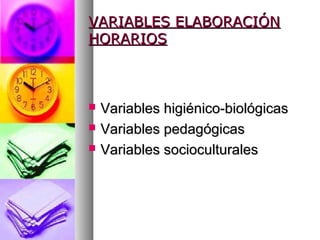 VARIABLES ELABORACIÓNVARIABLES ELABORACIÓN
HORARIOSHORARIOS
 Variables higiénico-biológicasVariables higiénico-biológicas
 Variables pedagógicasVariables pedagógicas
 Variables socioculturalesVariables socioculturales
 