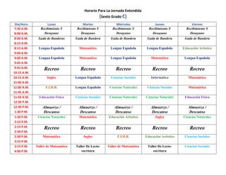 Horario Para La Jornada Extendida
(Sexto Grado C)
Día/Hora Lunes Martes Miércoles Jueves Viernes
7:30 A.M.
8:00 A.M.
Recibimiento Y
Desayuno
Recibimiento Y
Desayuno
Recibimiento Y
Desayuno
Recibimiento Y
Desayuno
Recibimiento Y
Desayuno
8:00 A.M.
8:15 A.M.
Izada de Banderas Izada de Bandera Izada de Bandera Izada de Bandera Izada de Bandera
8:15 A.M.
9:00 A.M.
Lengua Española Matemática Lengua Española Lengua Española Educación Artística
9:00 A.M.
9:45 A.M.
Lengua Española Matemática Lengua Española Matemática Lengua Española
9:45 A.M.
10:15 A.M.
Recreo Recreo Recreo Recreo Recreo
10:15 A.M.
11:00 A.M.
Ingles Lengua Española Ciencias Sociales Informática Matemática
11:00 A.M.
11:45 A.M.
F.I.H.R. Lengua Española Ciencias Naturales Ciencias Sociales Matemática
11:45 A.M.
12:30 P.M.
Educación Física Ciencias Sociales Ciencias Naturales Ciencias Naturales Educación Física
12:30 P.M.
1:30 P.M.
Almuerzo /
Descanso
Almuerzo /
Descanso
Almuerzo /
Descanso
Almuerzo /
Descanso
Almuerzo /
Descanso
1:30 P.M.
2:15 P.M.
Ciencias Naturales Matemática Educación Artística Ingles Ciencias Naturales
2:15 P.M.
2:30 P.M.
Recreo Recreo Recreo Recreo Recreo
2:30 P.M.
3:15 P.M.
Matemática Ingles F.I.H.R. Educación Artística Ciencias Sociales
3:15 P.M.
4:00 P.M.
Taller de Matemática Taller De Lecto-
escritura
Taller de Matemática Taller De Lecto-
escritura
Ciencias Sociales
 