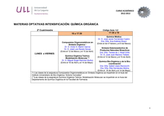 CURSO ACADÉMICO
2012-2013
4
MATERIAS OPTATIVAS INTENSIFICACIÓN: QUÍMICA ORGÁNICA
2º Cuatrimestre Código Aula: 3.2
16 a 17:30 17:30 a 19
LUNES a VIERNES
Compuestos Organometálicos en
Síntesis Orgánica *
Dr. D. Víctor S. Martín García
Dr. D. José Luis Ravelo Socas
(Entre el 12 de Marzo y el 15 de Abril)
Química Orgánica Teórica.
Modelización Molecular **
Dr. D. Miguel Ángel Ramírez Muñoz
(Entre el 16 de Abril y el 14 de Mayo)
Química Médica
Dr. D. José Javier Fernández Castro
Dra. Dña. Ana Estévez Braun
(Entre el de 4 Febrero y el 8 de Marzo)
Síntesis Estereoselectiva de
Productos Naturales Bioactivos
Dra. Dña. Teresa de J. Abad Grillo
Dr. D. José Juan Marrero Tellado
(Entre el 12 de Marzo y el 15 de Abril)
Química Bio-Orgánica y de la Bio-
coordinación
Dra. Dña. Isabel López Bazzocchi
Dra. Dña. Rita Hernández Molina
(Entre el 16 de Abril y el 14 de Mayo)
(*) Las clases de la asignatura Compuestos Organometálicos en Síntesis Orgánica se impartirán en el Aula del
Instituto Universitario de Bio-Orgánica “Antonio González”
(**)Las clases de la asignatura Química Orgánica Teórica. Modelización Molecular se impartirán en el Aula del
Departamento de Química Orgánica en la Facultad de Farmacia.
 