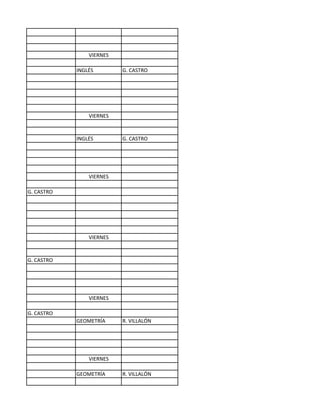 VIERNES

            INGLÉS        G. CASTRO




                VIERNES


            INGLÉS        G. CASTRO




                VIERNES

G. CASTRO




                VIERNES


G. CASTRO




                VIERNES

G. CASTRO
            GEOMETRÍA     R. VILLALÓN




                VIERNES

            GEOMETRÍA     R. VILLALÓN
 