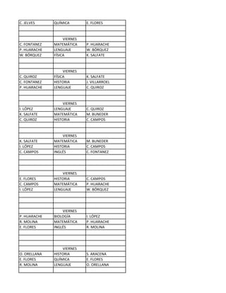 C. JELVES     QUÍMICA        E. FLORES


                   VIERNES
C. FONTANEZ   MATEMÁTICA     P. HUARACHE
P. HUARACHE   LENGUAJE       W. BÓRQUEZ
W. BÓRQUEZ    FÍSICA         K. SALFATE


                   VIERNES
C. QUIROZ     FÍSICA         K. SALFATE
C. FONTANEZ   HISTORIA       J. VILLARROEL
P. HUARACHE   LENGUAJE       C. QUIROZ


                  VIERNES
I. LÓPEZ      LENGUAJE       C. QUIROZ
K. SALFATE    MATEMÁTICA     M. BUNEDER
C. QUIROZ     HISTORIA       C. CAMPOS


                  VIERNES
K. SALFATE    MATEMÁTICA     M. BUNEDER
I. LÓPEZ      HISTORIA       C. CAMPOS
C. CAMPOS     INGLÉS         C. FONTANEZ




                  VIERNES
E. FLORES     HISTORIA       C. CAMPOS
C. CAMPOS     MATEMÁTICA     P. HUARACHE
I. LÓPEZ      LENGUAJE       W. BÓRQUEZ




                  VIERNES
P. HUARACHE   BIOLOGÍA       I. LÓPEZ
R. MOLINA     MATEMÁTICA     P. HUARACHE
E. FLORES     INGLÉS         R. MOLINA




                  VIERNES
O. ORELLANA   HISTORIA       S. ARACENA
E. FLORES     QUÍMICA        E. FLORES
R. MOLINA     LENGUAJE       O. ORELLANA
 