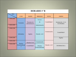 HORARIO 1º B DIAS LUNES MARTES MIERCOLES JUEVES VIERNES 19:30 a 20:10 Economía Principios de administracion Principios   Introducción  A LA ECONOMIA de  Contabilidad I 20:10 a 20:50 Administración   21:00 a 21:40 Informática Algebra Derecho  civil   Contabilidad I Comunicación   21:40 a 22:20   Álgebra 22:30 a 23:10 Practica Profesionalizante Derecho Civil Comunicación Derecho  civil 23:10 a 23:50 Contabilidad I Practica Profesionalizante INFORMATICA 