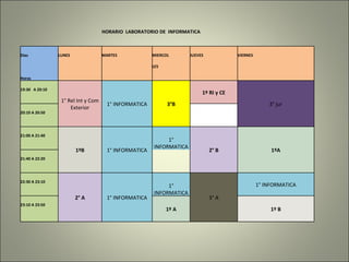 dias horas HORARIO  LABORATORIO DE  INFORMATICA Dias LUNES MARTES MIERCOL JUEVES VIERNES       LES     Horas           19:30  A 20:10 1° Rel Int y Com Exterior 1° INFORMATICA 3°B 1º RI y CE 3° jur   20:10 A 20:50       21:00 A 21:40 1ºB 1° INFORMATICA 1° INFORMATICA 2° B 1ºA   21:40 A 22:20     22:30 A 23:10 2° A 1° INFORMATICA 1° INFORMATICA 3° A 1° INFORMATICA   23:10 A 23:50 1º A 1º B   