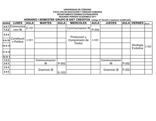 UNIVERSIDAD DE CÓRDOBA
                                         FACULTAD DE EDUCACIÓN Y CIENCIAS HUMANAS
                                            DEPARTAMENTO IDIOMAS EXTRANJEROS
                                             SEGUNDO PERIODO ACADEMICO 2011
                 HORARIO I SEMESTRE GRUPO B SIST CREDITOS Código 47 Versión 3 (pensum modificado)
HORA LUNES        AULA     MARTES    AULA    MIERCOLES     AULA         JUEVES          AULA VIERNES              AULA

 6 A 7 Communica
                  E-101                   Communicacion IB
 7A8     cion IB                                           P-302
 8A9
                                                      Produccion y
          Constitució
9 A 10                I-101                          Comprensión de      I-101
           n Política
                                                         Textos
10 A 11                                                                                                  Sicologia
                                                                                                                   I-101
                                                                                                         Evolutiva
11 A 12

12 A 1
 1A2                          Communicacion                                      Communicacion
 2A3                              IB        P-302                                    IB        P-302
 3A4
                               Grammar IB                                           Grammar IB   P-302
 4A5                                        E-103
 