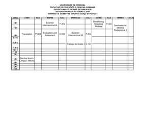 UNIVERSIDAD DE CÓRDOBA
                                             FACULTAD DE EDUCACIÓN Y CIENCIAS HUMANAS
                                                DEPARTAMENTO IDIOMAS EXTRANJEROS
                                                 SEGUNDO PERIODO ACADÉMICO 2011
                                           HORARIO IX SEMESTRE GRUPO A Código 47 Versión 2

HORA           LUNES          AULA        MARTES         AULA        MIERCOLES       AULA      JUEVES      AULA       VIERNES      AULA

                                                                                             Developing
 6A7                                      Examen
                                                         P-304                                Speaking     P-302
                                      Internacional IA                                                             Seminario de
                                                                                               Abilities
 7A8                                                                                                                 Electiva
                                                                                                                   Pedagógica II
                                      Evaluation and                  Examen
            Translation       P-303                      E-103                       P-304
8A9                                    Assesment                  Internacional IA
9 A 10

10 A 11
                                                                 Trabajo de Grado I E-103
11 A 12
12 A 1
 1A2
 2A3

 3A4      Electiva libre 4:
          Lengua extranj
 4A5
 5A6
 6A7
 7a8
 