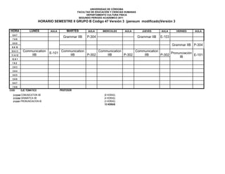UNIVERSIDAD DE CÓRDOBA
                                                   FACULTAD DE EDUCACIÓN Y CIENCIAS HUMANAS
                                                         DEPARTAMENTO CULTURA FÍSICA
                                                    SEGUNDO PERIODO ACADEMICO 2011
                          HORARIO SEMESTRE II GRUPO B Código 47 Versión 3 (pensum modificado)Versión 3

HORA             LUNES          AULA        MARTES        AULA      MIERCOLES      AULA         JUEVES      AULA      VIERNES   AULA
  6A7
                                          Grammar IIB    P-304                                Grammar IIB   E-103
  7A8
  8A9
                                                                                                                    Grammar IIB P-304
 9 A 10
 10 A 11    Communication                Communication       Communication       Communication
                                E-101                                                                Pronunciación
 11 A 12        IIB                          IIB       P-302     IIB       P-302     IIB       P-302               E-101
                                                                                                          IB
 12 A 1
 1A2
  2A3
  3A4
  4A5
  5A6
  6A7
  7A8
COD        EJE TEMATICO                 PROFESOR
  212249 COMUNICATION IIB                                            (8 HORAS)
  212250 GRAMÁTICA IIB                                               (4 HORAS)
  212251 PRONUNCIACION IB                                            (3 HORAS)
                                                                     15 HORAS
 