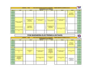 UNISANGIL     YOPAL      -    FACULTAD DE CIENCIAS NATURALES E INGENIERÍA           - PRIMER SEMESTRE ACADÉMICO DE 2012
                                                                          INGENIERÍA ELECTRÓNICA
 HORA                LUNES                      MARTES                     MIÉRCOLES                   JUEVES                     VIERNES                    SÁBADO      HORA
 4:40 PM                                                                                                                                                                 4:40 PM
 5:05 PM                                                                                                                                                                 5:05 PM
 5:05 PM                                                                                                                                                                 5:05 PM
                                                                                                                                                      ELECTRÓNICA
 5:30 PM                                                                                                                                                                 5:30 PM
                                                                                                                                                      ANALÓGICA 3
 5:30 PM                                                                                                                                                                 5:30 PM
                                                                                                                                                     DIONEL CASTRO
 5:55 PM                                                                                                                                                                 5:55 PM
 5:55 PM                                                                                                                                                                 5:55 PM
 6:20 PM                                                                                                                                                                 6:20 PM
 6:20 PM                                                                                                                                                                 6:20 PM
 6:45 PM                          T                           T                           T                         T                           T                        6:45 PM
 6:45 PM                          0                           0                           0                         0                           0                        6:45 PM
                                         INSTRUMENTACION          ELECTRONICA DIGITAL 2                                 ELECTRONICA DIGITAL 2
 7:10 PM                                                                                      SEÑALES Y SISTEMAS                                                         7:10 PM
                                  R         INDUSTRIAL        R       WILLIAM RIOS        R                         R       WILLIAM RIOS        R
 7:10 PM                                                                                         WILLIAM RIOS                                                            7:10 PM
                                  R         WILLIAM RIOS      R                           R                         R                           R
 7:35 PM    SEÑALES Y SISTEMAS                                                                                                                                           7:35 PM
 7:35 PM       WILLIAM RIOS       E                           E                           E                         E                           E                        7:35 PM
 8:00 PM                                                                                                                                                                 8:00 PM
 8:10 PM                                                                                                                                                                 8:10 PM
 8:35 PM                                                      T                           T                         T                                                    8:35 PM
 8:35 PM                                                      0                           0                         0                                                    8:35 PM
                                           ELECTRÓNICA                                         INSTRUMENTACION
 9:00 PM                          T                                                                                                             T                        9:00 PM
                                           ANALÓGICA 3        R                           R       INDUSTRIAL        R
 9:00 PM                          0                                                                                                             0                        9:00 PM
                                          DIONEL CASTRO       R                           R       WILLIAM RIOS      R
 9:25 PM                                                                                                                MAQUINAS ELECTRICAS                              9:25 PM
                                  R                           E                           E                         E                           R
 9:25 PM                                                                                                                       DPD                                       9:25 PM
                                  R                                                                                                             R
 9:50 PM   MAQUINAS ELECTRICAS                                                                                                                                           9:50 PM
 9:50 PM          DPD             E                                                                                                             E                        9:50 PM
10:15 PM                                                                                                                                                                10:15 PM
10:15 PM                                                                                                                                                                10:15 PM
10:40 PM                                                                                                                                                                10:40 PM


                                           FCNI INGENIERÍA ELECTRÓNICA (OCTAVO)
                             UNISANGIL     YOPAL      -    FACULTAD DE CIENCIAS NATURALES E INGENIERÍA           - PRIMER SEMESTRE ACADÉMICO DE 2012
                                                                          INGENIERÍA ELECTRÓNICA
 HORA                LUNES                      MARTES                     MIÉRCOLES                   JUEVES                     VIERNES                    SÁBADO      HORA
4:40 PM                                                                                                                                                                 4:40 PM
5:05 PM                                                                                                                                                                 5:05 PM
5:05 PM                                                                                                                                                                 5:05 PM
                                                                                                                                                       PROYECTO
5:30 PM                                                                                                                                                                 5:30 PM
                                                                                                                                                      ELECTRÓNICO
5:30 PM                                                                                                                                                                 5:30 PM
                                                                                                                                                      EDWIN PINEDA
5:55 PM                                                                                                                                                                 5:55 PM
5:55 PM                                                                                                                                                                 5:55 PM
6:20 PM                                                                                                                                                                 6:20 PM

 6:20 PM                                                                                                                                                                 6:20 PM
 6:45 PM                                                                                           ELECTIVA                                                              6:45 PM
 6:45 PM                                                                                        PROFESIONAL 1                                                            6:45 PM
           TELECOMUNICACIONES            ELECTRONICA DE
 7:10 PM                                                          ELECTRONICA DIGITAL 3           (ANTENAS Y            ELECTRONICA DIGITAL 3       TEORIA DE CONTROL    7:10 PM
                   1                        POTENCIA
 7:10 PM                                                              EDWIN PINEDA               TRANSMISION                EDWIN PINEDA                   DPD           7:10 PM
                  DPD                         DPD
 7:35 PM                                                                                         INALÁMBRICA)                                                            7:35 PM
 7:35 PM                                                                                             DPD                                                                 7:35 PM
 8:00 PM                                                                                                                                                                 8:00 PM
 8:10 PM                                                                                                                                                                 8:10 PM
 8:35 PM                                                                                                                                                                 8:35 PM
           ELECTIVA PROFESIONAL
 8:35 PM                                                                                                                                                                 8:35 PM
               1 (ANTENAS Y                                                                    ELECTRONICA DE
 9:00 PM                                                          TELECOMUNICACIONES 1                                   TEORIA DE CONTROL                               9:00 PM
               TRANSMISION                                                                        POTENCIA
 9:00 PM                                                                  DPD                                                   DPD                    SEMINARIO DE      9:00 PM
               INALÁMBRICA)                                                                         DPD
 9:25 PM                                                                                                                                              ACTUALIZACION      9:25 PM
                    DPD
 9:25 PM                                                                                                                                                 SABADOS         9:25 PM
 9:50 PM                                                                                                                                              2:00 PM 4:30 PM    9:50 PM
 9:50 PM                                                                                                                                                                 9:50 PM
10:15 PM                                                                                                                                                                10:15 PM
10:15 PM                                                                                                                                                                10:15 PM
10:40 PM                                                                                                                                                                10:40 PM
 