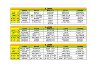 4º AÑO CO
LUNES MARTES MIERCOLES JUEVES VIERNES
1º) 7,30 A 8,10 MATEMATICA QUIMICA BIOLOGIA ECONOMIA PSICOLOGIA
2º) 8,10 A 8,45 MATEMATICA QUIMICA BIOLOGIA ECONOMIA PSICOLOGIA
3º) 8,45 A 9,20 GEOGRAFIA ARTES VISUALES LENGUA FORM. ETICA PSICOLOGIA
4º) 9,35 A 10,15 GEOGRAFIA ARTES VISUALES LENGUA FORM. ETICA LENGUA
5º) 10,15 a 10,55 INGLES INGLES FISICA HISTORIA LENGUA
6º) 11,05 a 11,45 INGLES MATEMATICA FISICA HISTORIA LENGUA
7º) 11,45 a 12,25 GEOGRAFIA MATEMATICA MÚSICA MATEMATICA HISTORIA
MUSICA
5º AÑO CO
LUNES MARTES MIERCOLES JUEVES VIERNES
1º) 7,30 A 8,10 INGLES QUIMICA FILOSOFIA FISICA LITERAT. LAT.
2º) 8,10 A 8,45 ECONOMIA QUIMICA FILOSOFIA FISICA LITERAT. LAT.
3º) 8,45 A 9,20 MATEMATICA LITERAT. LAT. FILOSOFIA HISTORIA MATEMATICA
4º) 9,35 A 10,15 MATEMATICA LITERAT. LAT. FORM. ETICA HISTORIA GEOGRAFÍA
5º) 10,15 a 10,55 GEOGRAFÍA MATEMATICA FORM. ETICA ECONOMIA GEOGRAFÍA
6º) 11,05 a 11,45 DERECHO INGLES TECNOLOGIA ECONOMIA BIOLOGIA
7º) 11,45 a 12,25 DERECHO INGLES TECNOLOGIA HISTORIA BIOLOGIA
6º AÑO CO
LUNES MARTES MIERCOLES JUEVES VIERNES
1º) 7,30 A 8,10 GEOGR. AMB. GEOGRAFIA FORM. ETICA HISTORIA HISTORIA
2º) 8,10 A 8,45 GEOGR. AMB. GEOGRAFIA FORM. ETICA HISTORIA HISTORIA
3º) 8,45 A 9,20 INGLES MATEMATICA GEOGRAFIA SOCIOLOGÍA LITERAT. ARG.
4º) 9,35 A 10,15 INGLES MATEMATICA GEOGRAFIA SOCIOLOGÍA LITERAT. ARG.
5º) 10,15 a 10,55 MATEMATICA LITERAT. ARG. METOD. DE LA INV. SOCIOLOGÍA FILOSOFIA
6º) 11,05 a 11,45 MATEMATICA LITERAT. ARG. METOD. DE LA INV. PRACT. EDUCATIVAS FILOSOFIA
7º) 11,45 a 12,25 INGLES METOD. DE LA INV. METOD. DE LA INV. PRACT. EDUCATIVAS FILOSOFIA
 