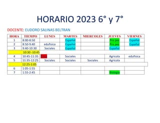 HORARIO 2023 6° y 7°
DOCENTE: EUDORO SALINAS BELTRAN
HORA TIEMPO LUNES MARTES MIERCOLES JUEVES VIERNES
1 8:00-8:50 Español Pro pec Español
2 8:50-9:40 edufisica Español Pro pec Español
3 9:40-10:30 Sociales Español Español
10:30 -10:45
4 10:45-11:35 Ética Sociales Agricola edufisica
5 11:35-12:25 Sociales Sociales Sociales Agricola
12:25-1:05
6 1:05-1:55
7 1:55-2:45 Biologia
 