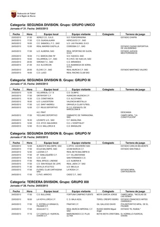 Categoría: SEGUNDA DIVISION. Grupo: GRUPO UNICO
Jornada nº 31. Fecha: 24/03/2013

  Fecha       Hora           Equipo local            Equipo visitante            Colegiado            Terreno de juego
 23/03/2013   21:00   XEREZ C.D., S.A.D.        S.D. PONFERRADINA                                 ESTADIO CHAPIN
 24/03/2013   17:00   C.D. GUADALAJARA          HERCULES C.F., SAD
 24/03/2013   19:00   C.E. SABADELL F.C. ,SAD   U.D. LAS PALMAS, S.A.D.
 24/03/2013   12:00   REAL MADRID-CASTILLA      CORDOBA C.F., SAD                                 ESTADIO CIUDAD DEPORTIVA
                                                                                                  DE VALDEBEBAS
 24/03/2013   17:00   U.D. ALMERIA, SAD         REAL SPORTING DE GIJON,                           ESTADIO JUEGOS
                                                S.A.D.                                            MEDITERRANEOS
 23/03/2013   18:00   F.C. BARCELONA "B"        S.D. HUESCA, SAD
 24/03/2013   19:00   VILLARREAL C.F., SAD      R.C.RVO. DE HUELVA, SAD
 23/03/2013   20:00   GIRONA F.C., SAD          C.D. MIRANDES
 24/03/2013   21:00   A.D. ALCORCON             C.D. NUMANCIA DE SORIA,
                                                S.A.D.
 24/03/2013   20:00   ELCHE C.F., SAD           REAL MURCIA C.F. SAD                              ESTADIO MARTINEZ VALERO
 23/03/2013   18:00   C.D. LUGO                 REAL RACING CLUB SAD



Categoría: SEGUNDA DIVISION B. Grupo: GRUPO III
Jornada nº 33. Fecha: 24/03/2013

  Fecha       Hora           Equipo local            Equipo visitante            Colegiado            Terreno de juego
 24/03/2013   12:00   VILLARREAL C.F. B         C.D. OLIMPIC
 24/03/2013   17:00   ONTINYENT C.F.            HURACAN VALENCIA C.F.
 24/03/2013   10:30   C.D. CONSTANCIA           C.D. ALCOYANO
 23/03/2013   16:00   U.D. LLAGOSTERA           VALENCIA-MESTALLA
 24/03/2013   17:00   U.E. SANT ANDREU          ORIHUELA CLUB FUTBOL
 24/03/2013   12:00   C.F. REUS DEPORTIVO       R.C.D. ESPANYOL DE
                                                BARCELONA B
                      A.E. PRAT                                                                   DESCANSA
 24/03/2013   17:00   YECLANO DEPORTIVO         GIMNASTIC DE TARRAGONA,                           CAMPO MPAL. "LA
                                                SAD                                               CONSTITUCION"
 23/03/2013   16:30   LEVANTE U.D., SAD         C.F. BADALONA
 24/03/2013   12:00   C.D. ATCO. BALEARES       C.E. L´HOSPITALET
 23/03/2013   12:00   R.C.D. MALLORCA B         C.D. BINISALEM



Categoría: SEGUNDA DIVISION B. Grupo: GRUPO IV
Jornada nº 30. Fecha: 24/03/2013

  Fecha       Hora           Equipo local            Equipo visitante            Colegiado            Terreno de juego
 24/03/2013   12:00   ALBACETE BALOMPIE, SAD    C.DPVO. CACEREÑO SAD                              ESTADIO CARLOS BELMONTE
 23/03/2013   17:00   ECIJA BALOMPIE, SAD       UCAM MURCIA C.F.                                  ESTADIO SAN PABLO
 24/03/2013   12:00   LUCENA C.F.               REAL BETIS BALOMPIE B
 23/03/2013   17:00   AT. SANLUQUEÑO C.F.       C.F. VILLANOVENSE
 23/03/2013   19:30   C.D. LOJA                 SAN FERNANDO C.D.
 23/03/2013   17:00   REAL BPDCA. LINENSE       U.D. ALMERIA B
 23/03/2013   17:00   C.D. SAN ROQUE DE LEPE    REAL JAEN C.F. SAD
 24/03/2013   11:30   SEVILLA ATLETICO          U.D. MELILLA
 23/03/2013   17:00   FUTBOL CLUB CARTAGENA     LA RODA C.F.                                      ESTADIO MPAL.
                      SAD                                                                         CARTAGONOVA
 24/03/2013   17:00   C.PVO. ARROYO             CADIZ C.F., SAD



Categoría: TERCERA DIVISION. Grupo: GRUPO XIII
Jornada nº 28. Fecha: 24/03/2013

  Fecha       Hora           Equipo local            Equipo visitante            Colegiado            Terreno de juego
 24/03/2013   17:00   C.D. BULLENSE             FORTUNA CAMPING FUENTE      MOYA GARCIA JORGE     CAMPO MPAL. "NICOLAS DE
                                                                                                  LAS PEÑAS"
 23/03/2013   18:00   LA HOYA LORCA C.F.        C. D. BALA AZUL             TEROL CRESPO ISIDRO   ESTADIO FRANCISCO ARTES
                                                                                                  CARRASCO
 24/03/2013   17:00   C. ESTRELLA GRANA EL      PINATAR C.F.                GIL GALLEGO DAVID     POLIDEPORITVO MPAL. DE EL
                      PALMAR C.F.                                                                 PALMAR
 24/03/2013   17:00   AGUILAS F.C.              REAL MURCIA IMPERIAL C.F.   RUSSO MARIN Miguel    ESTADIO "EL RUBIAL"
                                                SAD                         Angel
 23/03/2013   17:15   C.F.CASTILLO HUERCAL      MARVIMUNDO-C.D. PLUS        BOTIA MOYA CRISTOBAL EL HORNILLO-HUERCAL
                      OVERA C.F.                ULTRA                                            OVERA
 