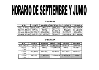 1ª SEMANA

     4º B      LUNES MARTES MIÉRCOLES JUEVES VIERNES
 9:30 A 10:30 LENGUA LENGUA   LENGUA  LENGUA PLASTICA
10:30 A 11:30   MATE   MATE   EF/MATE INGLES C. MEDIO
11:30 A 12:00 RECREO RECREO   RECREO  RECREO RECREO
12:00 A 13:00 INGLES C. MEDIO EF/MATE MUSICA RELIGION

                            2ª SEMANA
    4º B        LUNES   MARTES     MIÉRCOLES   JUEVES     VIERNES
9:30 A 10:30   LENGUA   LENGUA        MATE     LENGUA     LENGUA
  10:30 A       MATE     MATE      EF/LENGUA    MATE       INGLES
   11:30
  11:30 A      RECREO   RECREO      RECREO     RECREO     RECREO
   12:00
  12:00 A      INGLES   C. MEDIO   EF/LENGUA   PLASTICA   C. MEDIO
   13:00
 