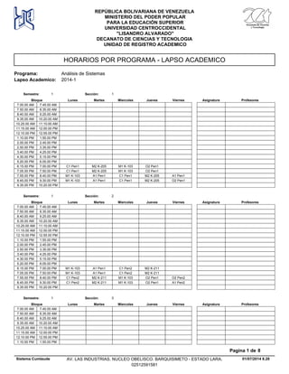 HORARIOS POR PROGRAMA - LAPSO ACADEMICO
Programa: Análisis de Sistemas
Lapso Academico: 2014-1
REPÚBLICA BOLIVARIANA DE VENEZUELA
MINISTERIO DEL PODER POPULAR
PARA LA EDUCACIÓN SUPERIOR
UNIVERSIDAD CENTROCCIDENTAL
"LISANDRO ALVARADO"
DECANATO DE CIENCIAS Y TECNOLOGIA
UNIDAD DE REGISTRO ACADEMICO
Lunes Miercoles Jueves ViernesMartesBloque ProfesoresAsignatura
Semestre: 1 Sección: 1
7.00.00 AM 7.45.00 AM
7.50.00 AM 8.35.00 AM
8.40.00 AM 9.25.00 AM
9.35.00 AM 10.20.00 AM
10.25.00 AM 11.10.00 AM
11.15.00 AM 12.00.00 PM
12.10.00 PM 12.55.00 PM
1.10.00 PM 1.55.00 PM
2.00.00 PM 2.45.00 PM
2.50.00 PM 3.35.00 PM
3.40.00 PM 4.25.00 PM
4.30.00 PM 5.15.00 PM
5.20.00 PM 6.05.00 PM
M2 K-205 M1 K-103 O2 Pen16.15.00 PM C1 Pen17.00.00 PM
M2 K-205 M1 K-103 O2 Pen17.05.00 PM C1 Pen17.50.00 PM
A1 Pen1 C1 Pen1 M2 K-205 A1 Pen17.55.00 PM M1 K-1038.40.00 PM
A1 Pen1 C1 Pen1 M2 K-205 O2 Pen18.45.00 PM M1 K-1039.30.00 PM
9.35.00 PM 10.20.00 PM
Lunes Miercoles Jueves ViernesMartesBloque ProfesoresAsignatura
Semestre: 1 Sección: 2
7.00.00 AM 7.45.00 AM
7.50.00 AM 8.35.00 AM
8.40.00 AM 9.25.00 AM
9.35.00 AM 10.20.00 AM
10.25.00 AM 11.10.00 AM
11.15.00 AM 12.00.00 PM
12.10.00 PM 12.55.00 PM
1.10.00 PM 1.55.00 PM
2.00.00 PM 2.45.00 PM
2.50.00 PM 3.35.00 PM
3.40.00 PM 4.25.00 PM
4.30.00 PM 5.15.00 PM
5.20.00 PM 6.05.00 PM
A1 Pen1 C1 Pen2 M2 K-2116.15.00 PM M1 K-1037.00.00 PM
A1 Pen1 C1 Pen2 M2 K-2117.05.00 PM M1 K-1037.50.00 PM
M2 K-211 M1 K-103 O2 Pen1 O2 Pen27.55.00 PM C1 Pen28.40.00 PM
M2 K-211 M1 K-103 O2 Pen1 A1 Pen28.45.00 PM C1 Pen29.30.00 PM
9.35.00 PM 10.20.00 PM
Lunes Miercoles Jueves ViernesMartesBloque ProfesoresAsignatura
Semestre: 1 Sección: 3
7.00.00 AM 7.45.00 AM
7.50.00 AM 8.35.00 AM
8.40.00 AM 9.25.00 AM
9.35.00 AM 10.20.00 AM
10.25.00 AM 11.10.00 AM
11.15.00 AM 12.00.00 PM
12.10.00 PM 12.55.00 PM
1.10.00 PM 1.55.00 PM
01/07/2014 8.28
Pagina 1 de 8
Sistema Cumlaude AV. LAS INDUSTRIAS. NUCLEO OBELISCO. BARQUISIMETO - ESTADO LARA.
02512591581
 