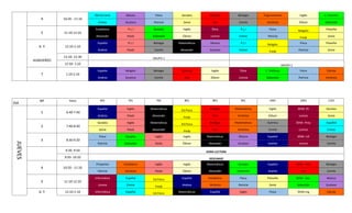 4 10:20 - 11:10
Democracia Música Física Sociales Biología Biología Trigonometría Inglés C. Económ
Emma Gustavo Patricia Sonia Yuri Camilo Verónica Édison Sebastián
5 11:10-12:10
Estadística P.L.I Sociales Inglés Ética P.L.I Física Religión Filosofia
Alexander Paola Sebastián Édison Lorena Emma Patricia Fredy Sonia
6 Y 12:10-1:10
Español P.L.I Biología Matemáticas Música P.L.I Religión Física Filosofia
Andrea Paola Camilo Alexander Gustavo Emma Fredy Patricia Sonia
ALMUERZO
12:10- 12:30 GRUPO 1
12:50- 1:10 GRUPO 2
7 1:10-2:10
Español Religión Biología Química Inglés Ética C. Políticas Física Cálculo
Andrea Gustavo Camilo Yuri Édison Lorena Sebastián Patricia Verónica
DIA
Nº Hora 601 701 702 801 802 901 1001 1002 1101
JUEVES
1 6:40-7:40
Español Inglés Matemáticas Ed.Física Biología Matemáticas Inglés SENA -Ét Sociales
Andrea Paola Alexander Fredy Yuri Verónica Édison Lorena Sonia
2 7:40-8:30
Sociales Inglés Matemáticas Ed.Física Biología Matemáticas Química SENA -Proy Español
Sonia Paola Alexander Fredy Yuri Verónica Camilo Lorena Emma
3 8:30-9:20
Física Sociales Inglés Inglés Matemáticas Música Español SENA -Inf Biología
Patricia Sebastián Paola Édison Alexander Gustavo Andrea Lorena Camilo
9:20- 9:50 HORA LECTURA
9:50- 10:20 DESCANSO
4 10:20 - 11:10
Proyectos Estadística Inglés Inglés Matemáticas Sociales Español SENA - Biol Biología
Patricia Verónica Paola Édison Alexander Sebastián Andrea Yuri Camilo
5 11:10-12:10
Informática Español Ed.Física Español Estadística Física Filosofia SENA - Soc. Música
Lorena Emma Fredy Andrea Verónica Patricia Sonia Sebastián Gustavo
6 Y 12:10-1:10 Informática Español Ed.Física Matemáticas Español Inglés Física SENA-Ing Cálculo
 