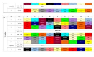 Lorena Emma Fredy Alexander Andrea Paola Patricia Édison Verónica
ALMUERZO
12:10- 12:30 GRUPO 1
12:50- 1:10 GRUPO 2
7 1:10-2:10
Química Democracia Biología Música Física Español Sociales SENA - Ed.Fís Cálculo
Yuri Sonia Camilo Gustavo Patricia Emma Sebastián Fredy Verónica
DIA
Nº Hora 601 701 702 801 802 901 1001 1002 1101
VIERNES
1 6:40-7:40
Sociales Español Informática Matemáticas P.L.I Sociales Música Inglés Física
Sonia Emma Lorena Alexander Paola Sebastián Gustavo Édison Patricia
2 7:40-8:30
Biología PLE Informática Proyectos Democracia Religión Química Trigonometría Ética
Yuri Andrea Lorena Patricia Sonia Fredy Camilo Verónica Gustavo
3 8:30-9:20
Biología Sociales Música P.L.E Matemáticas Inglés Español Trigonometría Informática
Yuri Sebastián Gustavo Emma Alexander Paola Andrea Verónica Lorena
9:20- 9:50 HORA LECTURA
9:50- 10:20 DESCANSO
4 10:20 - 11:10
Religión Sociales Geometría Física Matemáticas Español Inglés Filosofia Química
Fredy Sebastián Verónica Patricia Alexander Emma Édison Sonia Yuri
5 11:10-12:10
Música Biología Proyectos Biología Informática Geometría Inglés C. Económ Inglés
Gustavo Camilo Patricia Yuri Lorena Alexander Édison Sebastián Paola
6 Y 12:10-1:10
P.L.I Biología Español Biología Informática Matemáticas C. Económ Español Ed.Física
Édison Camilo Emma Yuri Lorena Verónica Sebastián Andrea Fredy
ALMUERZO
12:10- 12:30 GRUPO 1
12:50- 1:10 GRUPO 2
7 1:10-2:10
Geometría Proyectos Biología P.L.I Religión Matemáticas Biología Español Ed.Física
Alexander Patricia Camilo Paola Sonia Verónica Yuri Andrea Fredy
 