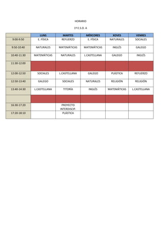 HORARIO
1º E.S.O. A
LUNS MARTES MÉRCORES XOVES VENRES
9:00-9:50 E. FÍSICA REFUERZO E. FÍSICA NATURALES SOCIALES
9:50-10:40 NATURALES MATEMÁTICAS MATEMÁTICAS INGLÉS GALEGO
10:40-11:30 MATEMÁTICAS NATURALES L.CASTELLANA GALEGO INGLÉS
11:30-12:00
12:00-12:50 SOCIALES L.CASTELLANA GALEGO PLÁSTICA REFUERZO
12:50-13:40 GALEGO SOCIALES NATURALES RELIGIÓN RELIGIÓN
13:40-14:30 L.CASTELLANA TITORÍA INGLÉS MATEMÁTICAS L.CASTELLANA
16:30-17:20 PROYECTO
INTERDISCIP.
17:20-18:10 PLÁSTICA
 