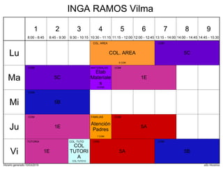 Horario generado:10/03/2019 aSc Horarios
5C
COM
COL. AREA
COL. AREA
6 COM
1E
COM
5C
COM
Elab
Materiale
s
MATERIALES
6 COM
5B
COM
1E
COM
5A
COM
Atención
Padres
FAMILIAS
7 COM
5A
COM
5B
COM
1E
TUTORIA
COL
TUTORI
A
COL. TUTO
COL.TUTO10
Lu
Ma
Mi
Ju
Vi
1
8:00 - 8:45
2
8:45 - 9:30
3
9:30 - 10:15
4
10:30 - 11:15
5
11:15 - 12:00
6
12:00 - 12:45
7
13:15 - 14:00
8
14:00 - 14:45
9
14:45 - 15:30
INGA RAMOS Vilma
 