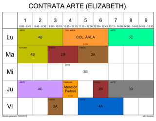 Horario generado:10/03/2019 aSc Horarios
3C
ARTE
4B
ARTE
COL. AREA
COL. AREA
8 COM
4B
TUTORIA
2A
FISICA
2B
FISICA
3B
ARTE
3D
ARTE
4C
ARTE
2B
FISICA
Atención
Padres
FAMILIAS
9 COM
4A
ARTE
2A
FISICA
Lu
Ma
Mi
Ju
Vi
1
8:00 - 8:45
2
8:45 - 9:30
3
9:30 - 10:15
4
10:30 - 11:15
5
11:15 - 12:00
6
12:00 - 12:45
7
13:15 - 14:00
8
14:00 - 14:45
9
14:45 - 15:30
CONTRATA ARTE (ELIZABETH)
 