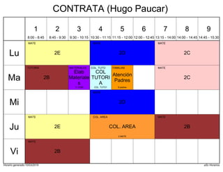 Horario generado:10/03/2019 aSc Horarios
2C
MATE
2D
MATE
2E
MATE
2B
TUTORIA
2C
MATE
Atención
Padres
FAMILIAS
9 padres
COL
TUTORI
A
COL. TUTO
COL. TUTO1
Elab
Materiale
s
MATERIALES
11 COM
2D
MATE
2B
MATE
2E
MATE
COL. AREA
COL. AREA
2 MATE
2B
MATE
Lu
Ma
Mi
Ju
Vi
1
8:00 - 8:45
2
8:45 - 9:30
3
9:30 - 10:15
4
10:30 - 11:15
5
11:15 - 12:00
6
12:00 - 12:45
7
13:15 - 14:00
8
14:00 - 14:45
9
14:45 - 15:30
CONTRATA (Hugo Paucar)
 