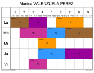 Horario generado:10/03/2019 aSc Horarios
1A
INGLES
1B
INGLES
1D
INGLES
1C
INGLES
1D
INGLES
1E
INGLES
1B
INGLES
1A
INGLES
1C
INGLES
1E
INGLES
Lu
Ma
Mi
Ju
Vi
1
8:00 - 8:45
2
8:45 - 9:30
3
9:30 - 10:15
4
10:30 - 11:15
5
11:15 - 12:00
6
12:00 - 12:45
7
13:15 - 14:00
8
14:00 - 14:45
9
14:45 - 15:30
Mónica VALENZUELA PEREZ
 