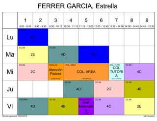 Horario generado:10/03/2019 aSc Horarios
2D
CC.SS
2D
CC.SS
2E
CC.SS
4D
CC.SS
2C
CC.SS
4C
CC.SS
COL. AREA
COL. AREA
3 SOCIALES
Atención
Padres
FAMILIAS
2 SOCIALES
COL
TUTORI
A
COL. TUTO
COL.TUTO15
2C
CC.SS
4B
CC.SS
4D
CC.SS
2E
CC.SS
4B
CC.SS
4C
CC.SS
4D
TUTORIA
Elab
Materiale
s
MATERIALES
9 COM
Lu
Ma
Mi
Ju
Vi
1
8:00 - 8:45
2
8:45 - 9:30
3
9:30 - 10:15
4
10:30 - 11:15
5
11:15 - 12:00
6
12:00 - 12:45
7
13:15 - 14:00
8
14:00 - 14:45
9
14:45 - 15:30
FERRER GARCIA, Estrella
 