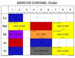 Horario generado:10/03/2019 aSc Horarios
5B
TUTORIA
5A
DPCC
MONI_ACOMP
MONT_ACOMPAÑ
MONIT3
MONI_ACOMP
MONT_ACOMPAÑ
MONIT3
COL. AREA
COL. AREA
4 SOCIALES
Elab. Materiales
MATERIALES
3 SOCIALES
MONI_ACOMP
MONT_ACOMPAÑ
MONIT3
5A
DPCC
5B
DPCC
5B
DPCC
COL. DIRECTIVO
COL. DIR
DIREC. 3
MONI_ACOMP
MONT_ACOMPAÑ
MONIT3
Lu
Ma
Mi
Ju
Vi
1
8:00 - 8:45
2
8:45 - 9:30
3
9:30 - 10:15
4
10:30 - 11:15
5
11:15 - 12:00
6
12:00 - 12:45
7
13:15 - 14:00
8
14:00 - 14:45
9
14:45 - 15:30
MARCOS CORONEL Ovidio
 