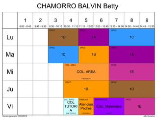 Horario generado:10/03/2019 aSc Horarios
1A
DPCC
1C
DPCC
1D
DPCC
1A
DPCC
1B
DPCC
1C
DPCC
1E
DPCC
COL. AREA
COL. AREA
8 SOCIALES
1B
DPCC
1D
DPCC
1E
DPCC
Atención
Padres
FAMILIAS
3 SOCIALES
COL
TUTORI
A
COL. TUTO
COL.TUTO16
Elab. Materiales
MATERIALES
6 MATE
Lu
Ma
Mi
Ju
Vi
1
8:00 - 8:45
2
8:45 - 9:30
3
9:30 - 10:15
4
10:30 - 11:15
5
11:15 - 12:00
6
12:00 - 12:45
7
13:15 - 14:00
8
14:00 - 14:45
9
14:45 - 15:30
CHAMORRO BALVIN Betty
 