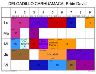 Horario generado:10/03/2019 aSc Horarios
1B
FISICA
1E
FISICA
5A
FISICA
5B
FISICA
5C
FISICA
1A
FISICA
1E
FISICA
1B
FISICA
1C
FISICA
5A
FISICA
Elab
Materiale
s
MATERIALES
13 materiales
Atención
Padres
FAMILIAS
10 padres
COL
TUTORI
A
COL. TUTO
COL.TUTO5
5C
TUTORIA
1D
FISICA
5C
FISICA
COL. AREA
COL. AREA
6 MATE
1A
FISICA
1C
FISICA
1D
FISICA
5B
FISICA
Lu
Ma
Mi
Ju
Vi
1
8:00 - 8:45
2
8:45 - 9:30
3
9:30 - 10:15
4
10:30 - 11:15
5
11:15 - 12:00
6
12:00 - 12:45
7
13:15 - 14:00
8
14:00 - 14:45
9
14:45 - 15:30
DELGADILLO CARHUAMACA, Erbin David
 