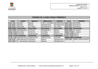 COORDINACIÓN ACADÉMICA
                                                                                                    NOMBREDEL DOCUMENTO: Horario clases 2013
                                                                                                                          CLASE:Informativo
                                                                                                                   VERSION:1.0–Febrero2013




                                        HORARIO DE CLASES GRADO PRIMERO B

   HORA             LUNES              MARTES            MIERCOLES            JUEVES             HORA                VIERNES
6:55 - 7:40     MUSICA            INGLES              ETICA Y VALORES      MATEMATICAS        6:55 - 7:40     ESPAÑOL
7:40 - 8:25     MUSICA            INGLES              MATEMATICAS          MATEMATICAS        7:40 - 8:25     SOCIALES
8:25 - 9:10     RELIGION          ED. FISICA          MATEMATICAS          ED. FISICA         8:25 - 9:10     SOCIALES
9:10 - 9:55     DESCANSO          DESCANSO            DESCANSO             DESCANSO           9:10 - 9:55     DESCANSO
9:55 - 10:40    INFORMATICA       ESTETICA            INFORMATICA          INGLES             9:55 - 10:40    P. LUDICO
10:40 - 11:20   ESPAÑOL           ESTETICA            ESPAÑOL              INGLES             10:40 - 11:20   P. LUDICO
11:20 - 12:05   ESPAÑOL           CIENCIAS NAT.       ESPAÑOL              INTELECTUS         11:20 - 12:00   INGLES
12:05 - 12:50   ALMUERZO          ALMUERZO            ALMUERZO             ALMUERZO           12:00 - 12:40   INGLES
12: 50 - 1:35   MATEMATICAS       CIENCIAS NAT.       ORIENTACION          ESPAÑOL            12:40 - 1:20    ALMUERZO
1:35 - 2:15     MATEMATICAS       SOCIALES            INGLES               CIENCIAS NAT.      1:20 - 2:00     DIRECCION DE GRUPO
2:15 - 3:00     F. CIUDADANA      SOCIALES            INGLES               CIENCIAS NAT.




                Elaborado por: Liliana Calderon   E-mail: administracion@liceomatovelle.com          Página 4 de 16
 