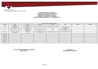 UNIVERSIDAD TÉCNICA DE AMBATO
FACULTAD DE CONTABILIDAD Y AUDITORIA
HORARIO DE CURSO QUINTO NIVEL A
CARRERA DE CONTABILIDAD Y AUDITORÍA
PERIODO ACADEMICO MARZO / 2017 - SEPTIEMBRE / 2017
HORARIO DE TRABAJO DEL PERSONAL ACADEMICO
HORARIO LUNES MARTES MIERCOLES JUEVES VIERNES SABADO DOMINGO
7:00 - 8:00 APLICACIÓN DE ESTADÍSTICA
INFERENCIAL
APLICACIÓN DE LA INVESTIGACIÓN
OPERATIVA
APLICACIÓN DE SISTEMAS DE COSTOS FUNDAMENTACIÓN DE LA AUDITORÍA
8:00 - 9:00 APLICACIÓN DE ESTADÍSTICA
INFERENCIAL
APLICACIÓN DE LA INVESTIGACIÓN
OPERATIVA
APLICACIÓN DE SISTEMAS DE COSTOS FUNDAMENTACIÓN DE LA AUDITORÍA APLICACIÓN DE ESTADÍSTICA
INFERENCIAL
9:00 - 10:00 FUNDAMENTACIÓN DE LA AUDITORÍA APLICACIÓN DEL COMERCIO
INTERNACIONAL
FUNDAMENTACIÓN DE LA AUDITORÍA OPTATIVA II APLICACIÓN DE ESTADÍSTICA
INFERENCIAL
10:00 - 11:00 FUNDAMENTACIÓN DE LA AUDITORÍA APLICACIÓN DEL COMERCIO
INTERNACIONAL
APLICACIÓN DE LA INVESTIGACIÓN
OPERATIVA
OPTATIVA II APLICACIÓN DE SISTEMAS DE COSTOS
11:00 - 12:00 APLICACIÓN DEL COMERCIO
INTERNACIONAL
OPTATIVA II APLICACIÓN DE LA INVESTIGACIÓN
OPERATIVA
APLICACIÓN DE SISTEMAS DE COSTOS APLICACIÓN DE SISTEMAS DE COSTOS
12:00 - 13:00 OPTATIVA II
13:00 - 14:00
14:00 - 15:00
15:00 - 16:00
16:00 - 17:00
17:00 - 18:00
18:00 - 19:00
19:00 - 20:00
20:00 - 21:00
21:00 - 22:00
22:00 - 23:00
DRA. ALEXANDRA TATIANA VALLE ALVAREZ Dra. Mary Cruz
SUBDECANO(A) COORDINADOR DE CARRERA
Powered by TCPDF (www.tcpdf.org)
Página 1 / 1
 
