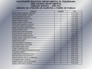 INSTITUCIÓN EDUCATIVA DEPARTAMENTAL EL TEQUENDAMA SEDE COLEGIO DEPARTAMENTAL  JORNADA MAÑANA - AÑO 2011 HORARIO DE ATENCIÓN DE DOCENTES A PADRES DE FAMILIA 