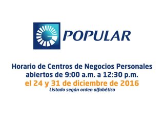 Horarios de Centro de Negocios Personales sábado 24 y 31 de diciembre