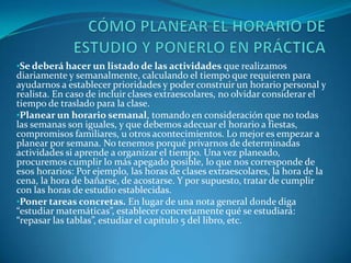 CÓMO PLANEAR EL HORARIO DE ESTUDIO Y PONERLO EN PRÁCTICASe deberá hacer un listado de las actividadesque realizamos diariamente y semanalmente, calculando el tiempo que requieren para ayudarnos a establecer prioridades y poder construir un horario personal y realista. En caso de incluir clases extraescolares, no olvidar considerar el tiempo de traslado para la clase.