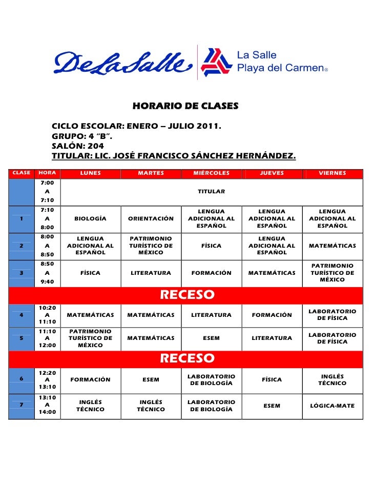Horario de grupo cuarto b Horario de grupo cuarto b