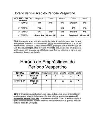 Horário de Visitação do Período Vespertino
HORÁRIO / DIA DA
SEMANA
Segunda Terça Quarta Quinta Sexta
1º TEMPO 6ºD 5ºC 8ºC 7ºC/6ºA 9ºC
2º TEMPO 7ºB 9ºB 9ºA 7ºA
3º TEMPO 6ºC 5ºD 5ºB 6ºB/8ºB 6ºE
4º TEMPO Grupo 4-A Grupo 5-E 8ºA Grupo 4-B Grupo 5-F
OBS: O material a ser utilizado no dia da visitação ou leitura em sala de aula
terá que ser reservado no mínimo com 01 dia de antecedência e o que vai ser
trabalhado na visitação (Leitura interpretativa, produção textual mesmo que em
sala de aula, contação, etc.) deve ser informado aos Assistentes em Biblioteca
(professores em atuação na biblioteca) para fins de registro e para o bom
andamento das rotinas do setor.
Horário de Empréstimos do
Período Vespertino
TURMA HORÁRIO Segunda Terça Quarta Quinta Sexta
8º / 9º 13:00 às
14:00
X X X X X
5º / 6º e 7º 14:00 às
15:00
X X X X X
OBS: O professor que estiver em aula no período poderá a seu critério liberar
os alunos para retirada de livros ou não, respeitando a ordem de apenas 03
alunos por sala de cada vez, para apenas devolver o livro, a recomendação é
que o aluno devolva na hora do intervalo para evitar atrasos e quando possível
na hora da saída. Obrigado.
 