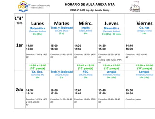 HORARIO DE AULA ANEXA INTA
CENS Nº 3-419 Ing. Agr. Amalia Godoy
1°3°
2020 Lunes Martes Miérc. Jueves Viernes
1er
Matemática
(Daminato, Andrea)
5 hc (2 hc)
Trab. y Sociedad
(DiCarlo, Silvia)
(2 hc)
Inglés
(López, Pablo)
3 hc
Matemática
(Daminato, Andrea)
5 hc (3 hc) – 40 ´cons.
Cs. Nat
(Villegas, Eliana)
3 hc
14:00
15:00
15:00
16:00
14:30
15:50
14:30
15:50
14:40
16:00
Consultas: 13:40 a 14:00
20`
Consultas: 14:40 a 15:00
20`
Consultas: 13:50 a 14:30
40`
Consultas: 13:50 a 14:30
40`
15:50 a 16:30 (lunes 2º4º)
40`
Consultas: 14:00 a 14:40
40`
14:50 a 15:00
(10´ pareja)
15:40 a 15:50
(10´ pareja)
15:40 a 15:50
(10´ pareja)
15:50 a 16:00
(10´ pareja)
2do
Cs. Soc.
(González, M.)
3 hc
Trab. y Sociedad
(DiCarlo, Silvia)
2 hc
FEC
(DiCarlo, Silvia)
2 hc
Lengua
(Fernández, Marisa)
5 hc (3 hc)
Lengua
(Fernández, Marisa)
5 hc (2 hc)
14:50
16:10
16:00
17:00
15:40
16:40
15:40
17:00
15:50
16:50
Consultas: 14:30 a 14:50
y 16:10 a 16:30
40`
Consultas: 14:20 a 14:40
20`
Consultas: 16:40 a 17:00
20`
Consultas: 13:40 a 14:40
60`
Consultas: jueves
 
