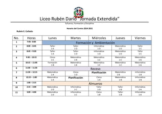 Liceo Rubén Darío “Jornada Extendida”
Esfuerzo, Formación y Disciplina
Horario del Centro 2014-2015
Rubén E. Collado
No. Horas Lunes Martes Miércoles Jueves Viernes
1 7:45– 8:00
Formación y Ambientación
2 8:00 – 8:45 Taller
1-A
Taller
1-D
Informática
1-D
Matemática
1-D
Taller
1-C
3 8:45 – 9:30 Taller
1-A
Taller
1-D
Informática
1-D
Matemática
1-D
Taller
1-C
4 9:30 – 10:15 Cívica
1-C
Matemática
1-B
Matemática
1-C
Matemática
1-C
Matemática
1-A
5 10:15 – 11:00 Formación
1-B
Matemática
1-B
Matemática
1-C
Matemática
1-C
Matemática
1-A
6 11:00 – 11:30
Receso
7 11:30 – 12:15 Matemática
1-A
Cívica
1-D
Planificación Matemática
1-B
Informática
1-B
8 12:15 – 1:00 Matemática
1-A
Planificación Cívica
1-A
Matemática
1-B
Informática
1-B
9 1:00 – 2:15
Almuerzo
10 2:15 – 3:00 Matemática
1-D
Informática
1-C
Taller
1-D
Taller
1-B
Informática
1-A
11 3:00 – 4:00 Matemática
1-D
Informática
1-C
Cívica
1-B
Taller
1-B
Informática
1-A
 
