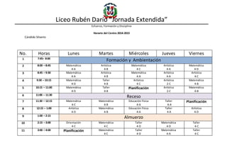 Liceo Rubén Darío “Jornada Extendida”
Esfuerzo, Formación y Disciplina
Horario del Centro 2014-2015
Cándido Silverio
No. Horas Lunes Martes Miércoles Jueves Viernes
1 7:45– 8:00
Formación y Ambientación
2 8:00 – 8:45 Matemática
4-A
Artística
4-B
Matemática
4-C
Artística
4-A
Matemática
4-D
3 8:45 – 9:30 Matemática
4-A
Artística
4-B
Matemática
4-A
Artística
4-A
Artística
4-C
4 9:30 – 10:15 Matemática
4-D
Taller
4-B
Artística
4-C
Artística
2-C
Matemática
4-B
5 10:15 – 11:00 Matemática
4-D
Taller
4-B
Planificación Artística
2-C
Matemática
4-B
6 11:00 – 11:30
Receso
7 11:30 – 12:15 Matemática
4-C
Matemática
4-B
Educación Física
4-A
Taller
4-A
Planificación
8 12:15 – 1:00 Artística
4-D
Matemática
4-B
Educación Física
4-A
Taller
4-A
Artística
4-D
9 1:00 – 2:15
Almuerzo
10 2:15 – 3:00 Orientación
4-C
Matemática
4-C
Taller
4-D
Matemática
4-D
Taller
4-C
11 3:00 – 4:00 Planificación Matemática
4-C
Taller
4-D
Matemática
4-A
Taller
4-C
 