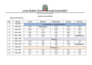 Liceo Rubén Darío “Jornada Extendida”
Esfuerzo, Formación y Disciplina
Horario del Centro 2014-2015
Ángela Yinette Martínez
No. Horas Lunes Martes Miércoles Jueves Viernes
1 7:45– 8:00
Formación y Ambientación
2 8:00 – 8:45 Francés
1-C
Planificación Francés
1-B
Francés
1-A
Francés
2-B
3 8:45 – 9:30 Francés
1-C
Taller
2-c
Francés
1-B
Francés
1-A
Francés
2-B
4 9:30 – 10:15 Inglés
1-A
Francés
1-D
Inglés
2-C
Inglés
1-D
Inglés
1-D
5 10:15 – 11:00 Taller
1-A
Francés
1-D
Inglés
2-C
Inglés
1-D
Planificación
6 11:00 – 11:30
Receso
7 11:30 – 12:15 Francés
2-D
Taller
2-B
Inglés
1-B
Inglés
1-A
Taller
2-D
8 12:15 – 1:00 Francés
2-D
Taller
1-D
Inglés
1-B
Inglés
1-A
Planificación
9 1:00 – 2:15
Almuerzo
10 2:15 – 3:00 Inglés
1-C
Inglés
2-C
Francés
2-C
Inglés
1-C
Inglés
1-B
11 3:00 – 4:00 Taller
1-C
Taller
2-C
Francés
2-C
Inglés
1-C
Taller
1-B
 