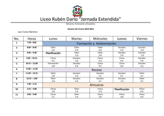 Liceo Rubén Darío “Jornada Extendida”
Esfuerzo, Formación y Disciplina
Horario del Centro 2014-2015
Juan Carlos Martínez
No. Horas Lunes Martes Miércoles Jueves Viernes
1 7:45– 8:00
Formación y Ambientación
2 8:00 – 8:45 Taller
2-A
Taller
2-D
Taller
2-B
Sociales
2-D
Sociales
2-D
3 8:45 – 9:30 Planificación Taller
2-D
Taller
2-B
Sociales
2-D
Sociales
2-D
4 9:30 – 10:15 Cívica
4-C
Sociales
2-B
Cívica
2-A
Cívica
4-A
Sociales
2-A
5 10:15 – 11:00 Orientación
2-B
Sociales
2-B
Cívica
4-C
Cívica
4-A
Sociales
2-A
6 11:00 – 11:30
Receso
7 11:30 – 12:15 Taller
2-B
Sociales
2-A
Sociales
2-C
Sociales
2-C
Taller
2-C
8 12:15 – 1:00 Taller
2-B
Sociales
2-A
Sociales
2-C
Sociales
2-C
Taller
2-C
9 1:00 – 2:15
Almuerzo
10 2:15 – 3:00 Cívica
2-B
Taller
2-A
Cívica
2-D
Planificación Cívica
4-D
11 3:00 – 4:00 Cívica
2-C
Taller
2-A
Cívica
2-B
Cívica
4-B
Cívica
4-D
 