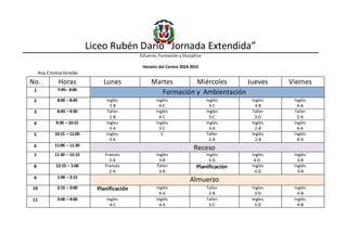 Liceo Rubén Darío “Jornada Extendida”
Esfuerzo, Formación y Disciplina
Horario del Centro 2014-2015
Ana Cristina Hiraldo
No. Horas Lunes Martes Miércoles Jueves Viernes
1 7:45– 8:00
Formación y Ambientación
2 8:00 – 8:45 Inglés
2-B
Inglés
4-C
Inglés
3-C
Inglés
4-B
Inglés
4-A
3 8:45 – 9:30 Taller
2-B
Inglés
4-C
Inglés
3-C
Taller
3-D
Taller
2-A
4 9:30 – 10:15 Ingles
3-A
Inglés
3-C
Inglés
3-A
Inglés
2-B
Inglés
4-A
5 10:15 – 11:00 Ingles
3-A
C Taller
2-A
Inglés
2-B
Inglés
4-D
6 11:00 – 11:30
Receso
7 11:30 – 12:15 Francés
2-A
Inglés
3-B
Inglés
3-D
Inglés
4-D
Inglés
3-B
8 12:15 – 1:00 Francés
2-A
Taller
3-B
Planificación Inglés
4-D
Inglés
3-B
9 1:00 – 2:15
Almuerzo
10 2:15 – 3:00 Planificación Inglés
4-A
Taller
2-B
Ingles
3-D
Inglés
4-B
11 3:00 – 4:00 Inglés
4-C
Inglés
4-A
Taller
3-C
Ingles
3-D
Inglés
4-B
 