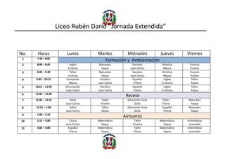 Liceo Rubén Darío “Jornada Extendida”
No. Horas Lunes Martes Miércoles Jueves Viernes
1 7:45– 8:00
Formación y Ambientación
2 8:00 – 8:45 Inglés
Cristina
Naturales
Yaque
Sociales
Juan Carlos
Artística
Maura
Francés
Yinette
3 8:45 – 9:30 Taller
Cristina
Naturales
Yaque
Sociales
Juan Carlos
Artística
Maura
Francés
Yinette
4 9:30 – 10:15 Formación
Maura
Sociales
Juan Carlos
Español
Filena
Inglés
Cristiana
Taller
Yaque
5 10:15 – 11:00 Orientación
Juan Carlos
Sociales
Juan Carlos
Español
Filena
Inglés
Cristiana
Taller
Yaque
6 11:00 – 11:30
Receso
7 11:30 – 12:15 Taller
Juan Carlos
Taller
Yinette
Educación Física
Zoila
Taller
Filena
Naturales
Yaque
8 12:15 – 1:00 Taller
Juan Carlos
Taller
Yaque
Educación Física
Zoila
Español
Filena
Naturales
Yaque
9 1:00 – 2:15
Almuerzo
10 2:15 – 3:00 Cívica
Juan Carlos
Matemática
Yaque
Taller
Cristina
Matemática
Yaque
Informática
Leonardo
11 3:00 – 4:00 Español
Filena
Matemática
Yaque
Taller
Filena
Matemática
Yaque
Informática
Leonardo
 