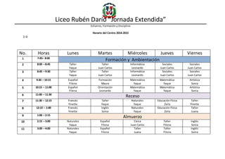 Liceo Rubén Darío “Jornada Extendida”
Esfuerzo, Formación y Disciplina
Horario del Centro 2014-2015
2-D
No. Horas Lunes Martes Miércoles Jueves Viernes
1 7:45– 8:00
Formación y Ambientación
2 8:00 – 8:45 Taller
Yaque
Taller
Juan Carlos
Informática
Leonardo
Sociales
Juan Carlos
Sociales
Juan Carlos
3 8:45 – 9:30 Taller
Yaque
Taller
Juan Carlos
Informática
Leonardo
Sociales
Juan Carlos
Sociales
Juan Carlos
4 9:30 – 10:15 Español
Filena
Formación
Maura
Matemática
Yaque
Matemática
Yaque
Artística
Sonia
5 10:15 – 11:00 Español
Filena
Orientación
Leonardo
Matemática
Yaque
Matemática
Yaque
Artística
Sonia
6 11:00 – 11:30
Receso
7 11:30 – 12:15 Francés
Yinette
Taller
Yaque
Naturales
Yaque
Educación Física
Zoila
Taller
Yinette
8 12:15 – 1:00 Francés
Yinette
Inglés
Sonia
Naturales
Yaque
Educación Física
Zoila
Taller
Juana
9 1:00 – 2:15
Almuerzo
10 2:15 – 3:00 Naturales
Yaque
Español
Filena
Cívica
Juan Carlos
Taller
Filena
Inglés
Sonia
11 3:00 – 4:00 Naturales
Yaque
Español
Filena
Taller
Juana
Taller
Filena
Inglés
Sonia
 